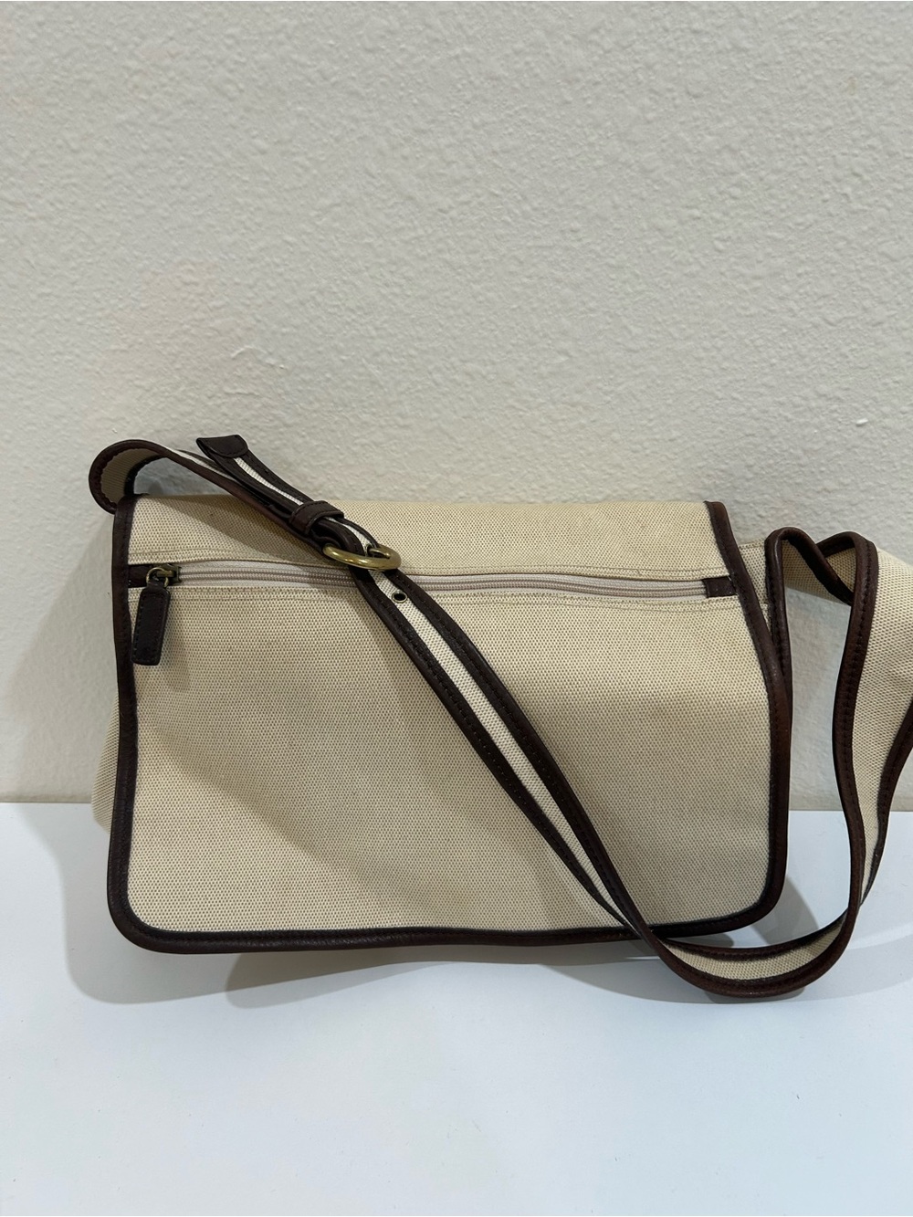Fossil Canvas Crossbody Messenger Bag in Cream with Brown Trim